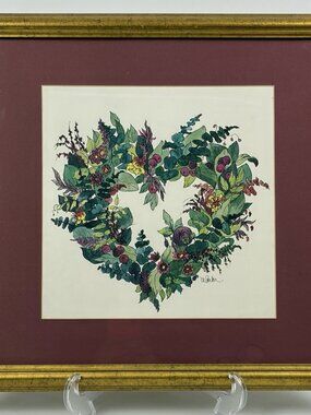Herb Wreath Heart Watercolor Litho Print Matted Framed 18x18” Signed A Parker